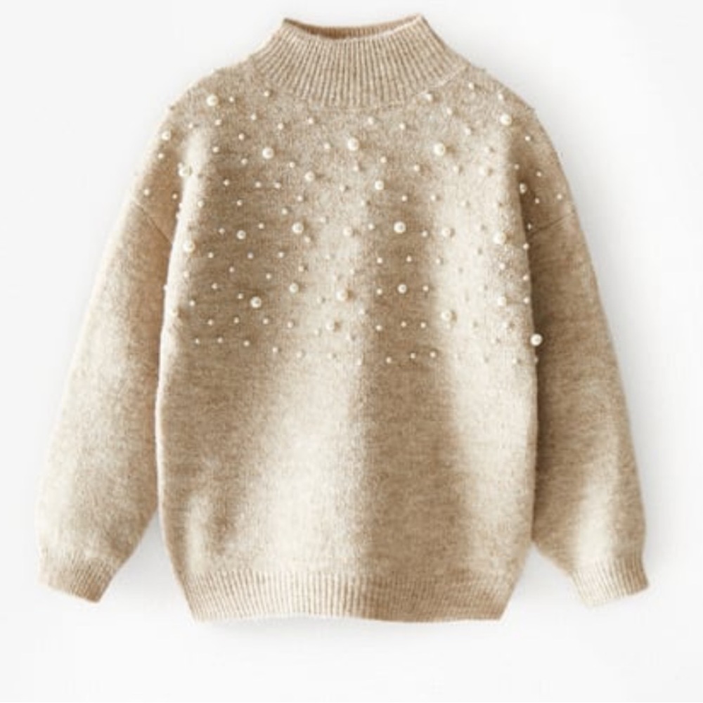 Zara Mock Neck Sweater with Pearls, XS
